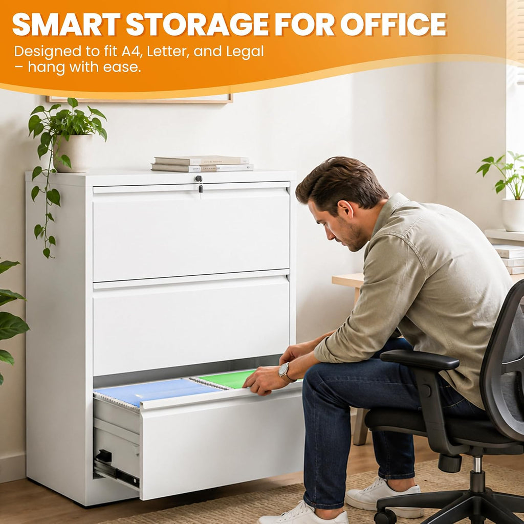 3 Drawer Lateral File Cabinet with Lock, Metal File Cabinets Furniture for Organization Hanging Legal/Letter/A4
