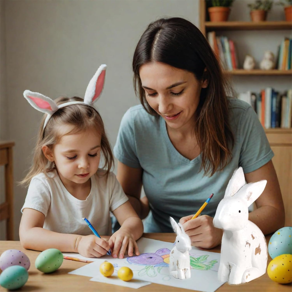 Wooden Easter Bunny Figurines, Tabletop Rabbit Decor for Spring & Easter Home Decoration, White Painted & Natural - Set of 2