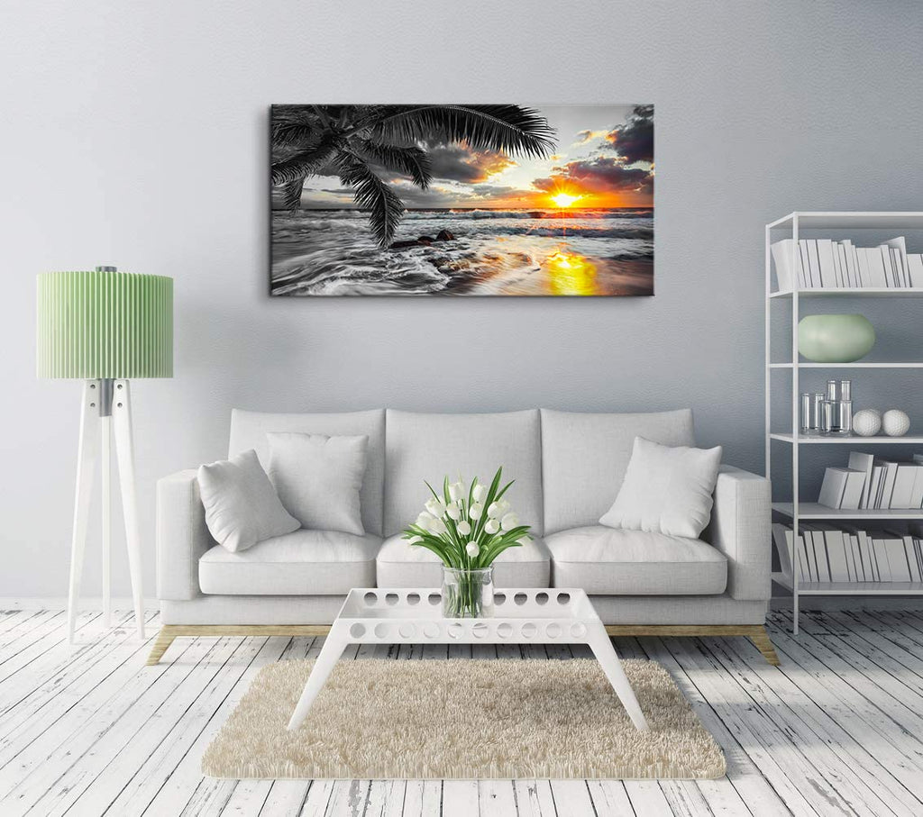 Beach Wall Art Black and White Ocean Pictures for Walls Sunrise Seascape Scenery Canvas Print Sunset Painting Palm