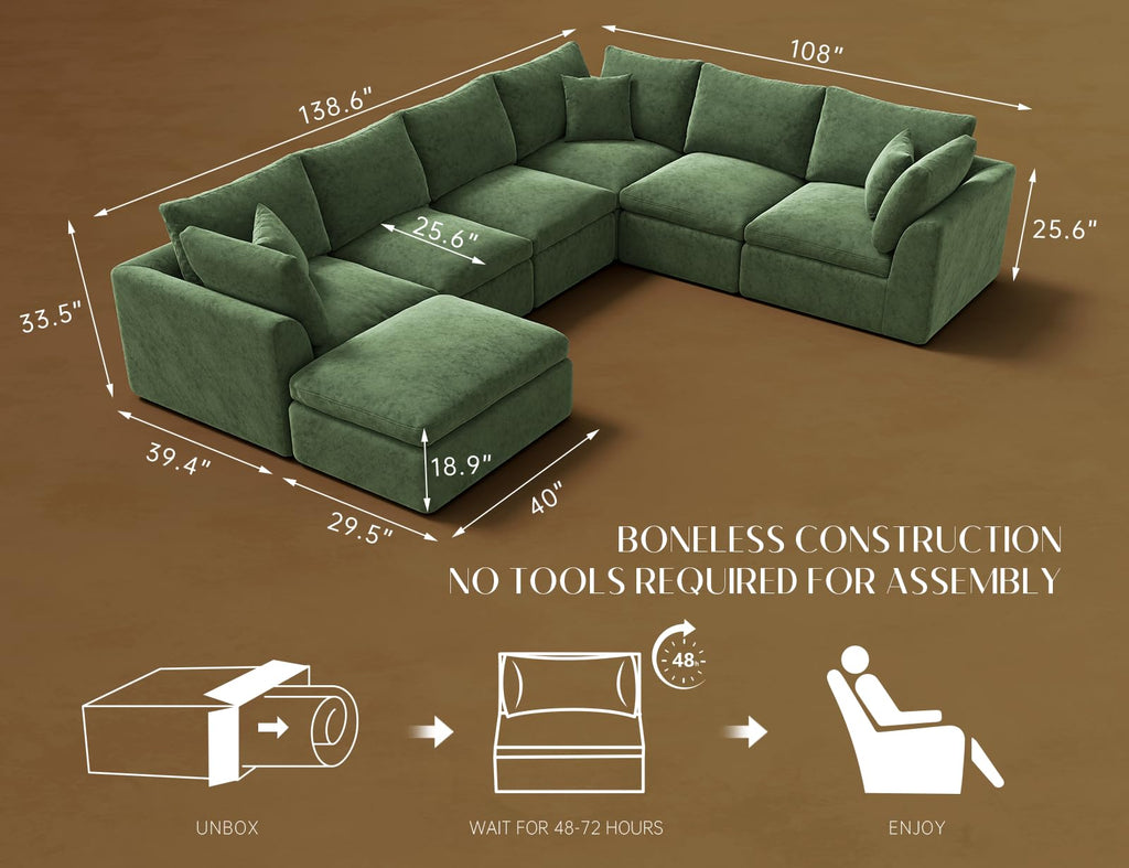 Oversized Cloud Couches, Boneless Sectional Couch with Ottoman, 7 Seater Large Modular Sectional Sofa, Green