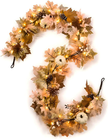 Fall Decor Garland with Lights, 6Ft, 30 Warm LED, White Pumpkins