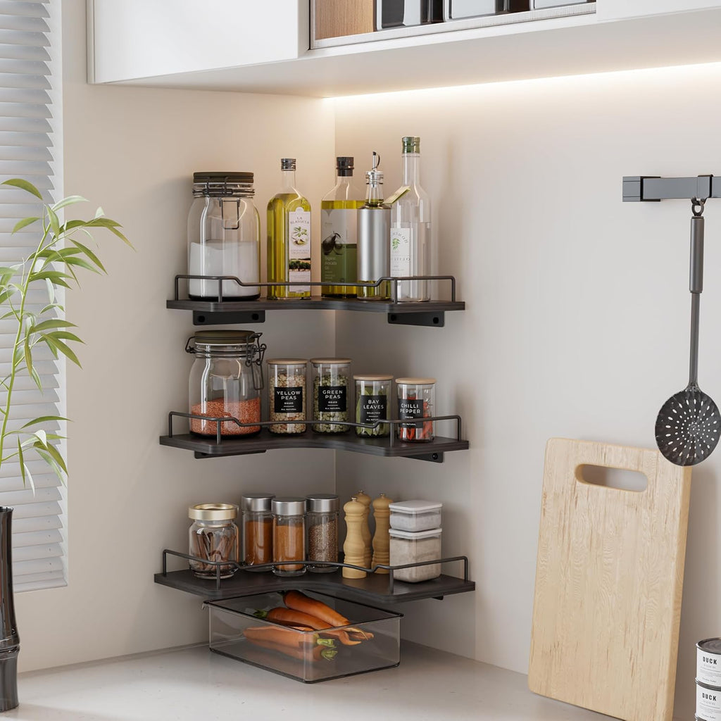 L-Shaped Corner Floating Shelves Set of 3,Rustic Wood Wall Mounted Storage Shelves,Display Shelf (Black)