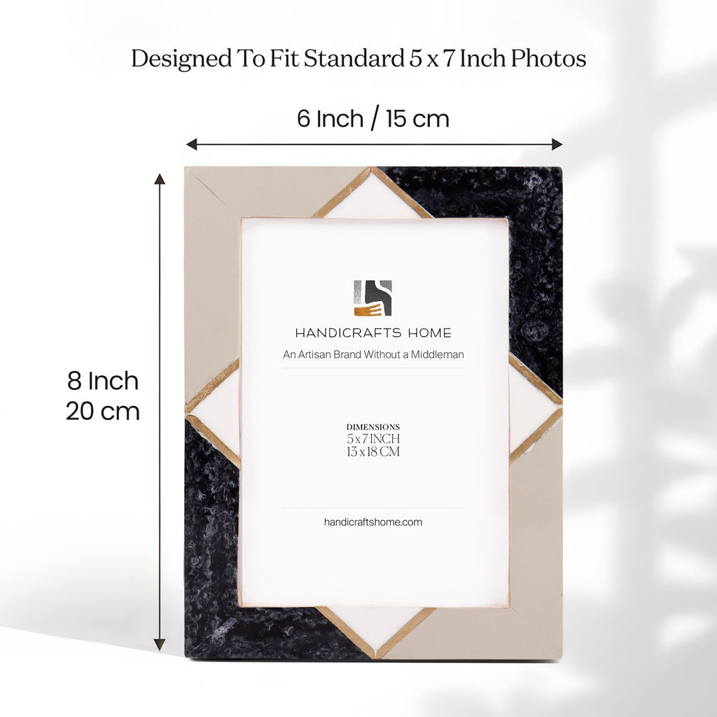 Handmade Resin Inlay & Brass Grey White Picture Frame, 5x7