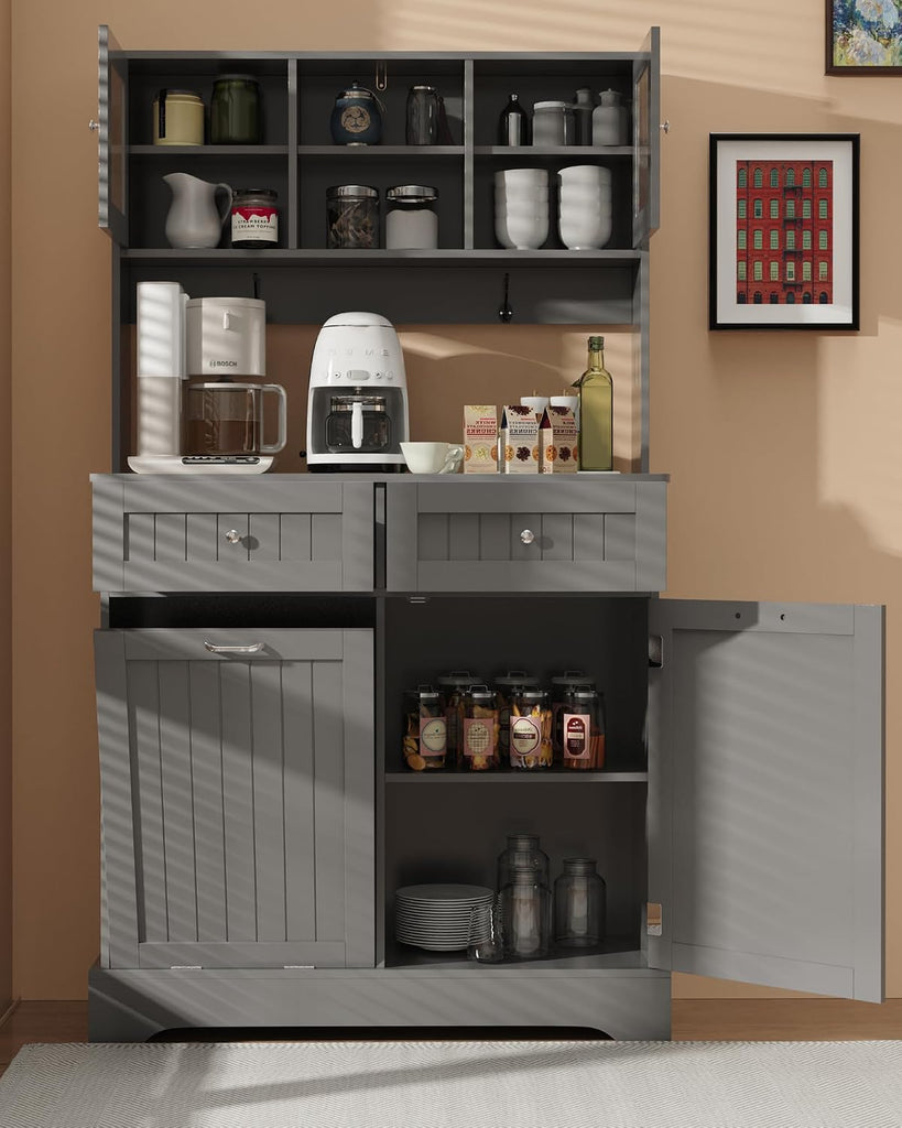 Trash Can Cabinet, Tilt Out Trash Cabinet w/Stroge, Dog-Proof, Gray