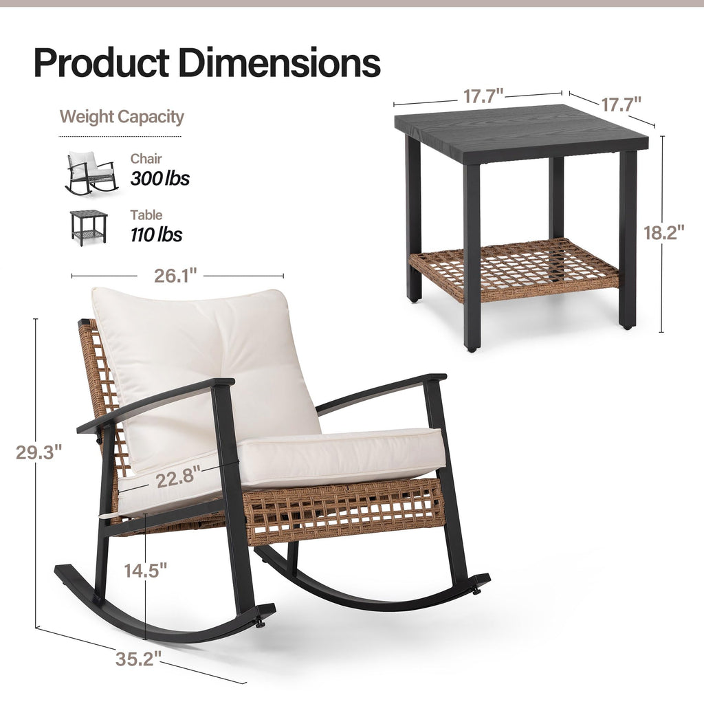 3-Piece Rocking Bistro Set, Outdoor Patio Furniture with Thick Cushions and 2-Tier Coffee Table, Oversize Rattan