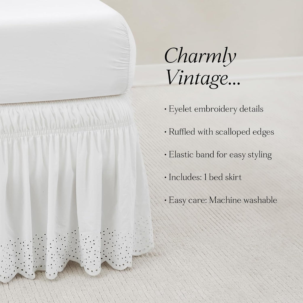 Vintage Eyelet Bed Skirt Single Queen/King/Cal King Off White - Dust Ruffle - Wrap Around Bed Skirt - Coquette Decor