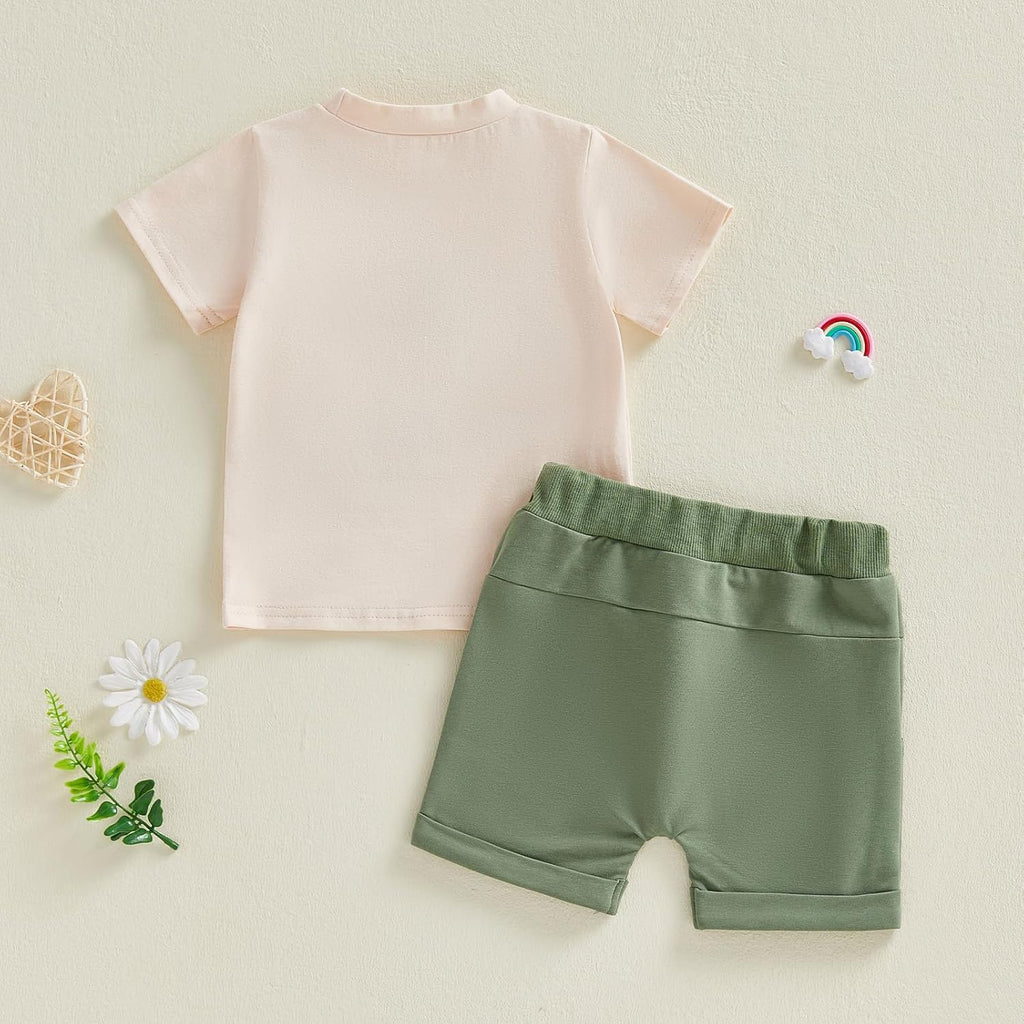 Toddler Baby Boy Summer Clothes Excavator Embroidery Short Sleeve T-Shirt Elastic Waist Shorts Set 2 Piece Outfit