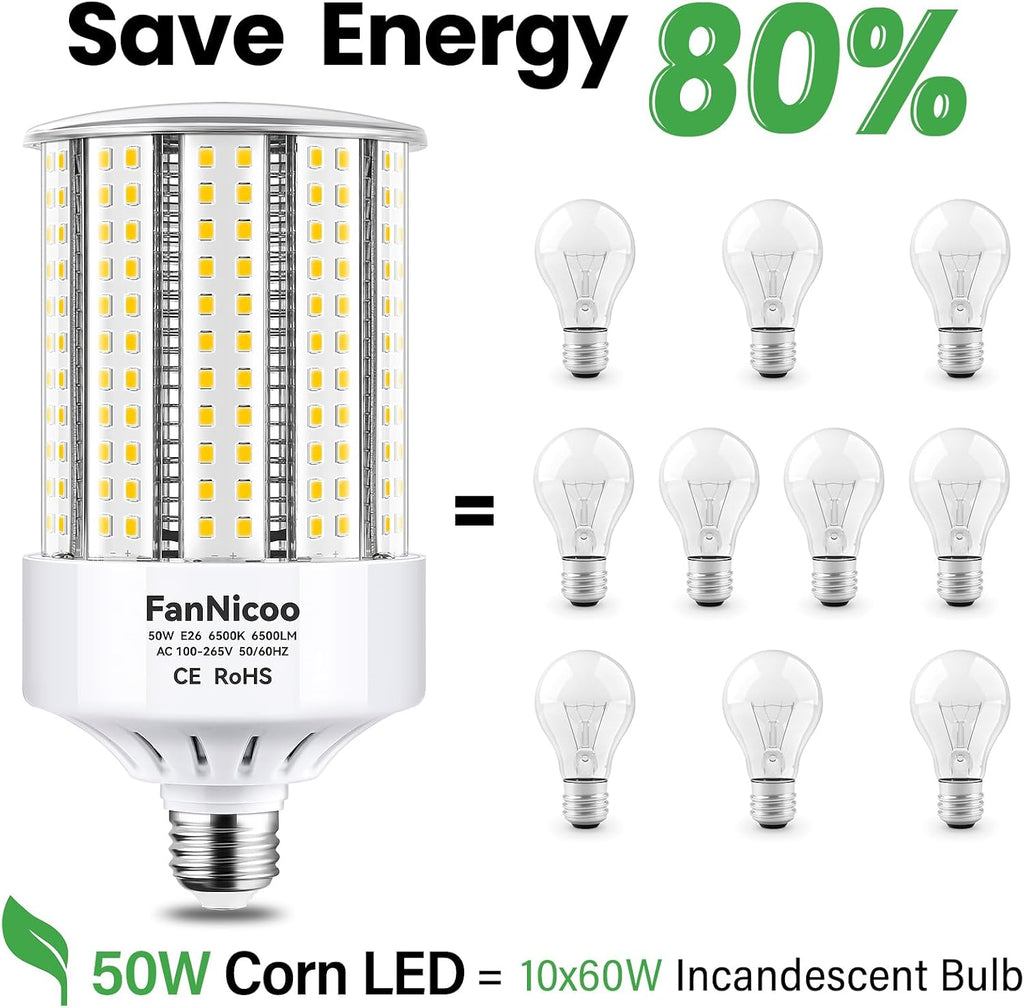 2 Pack 600W Equivalent Led Corn Bulb 6500 Lumen Super Bright E26/E39 Base LED Bulbs 6500K Daylight White 50W Corn