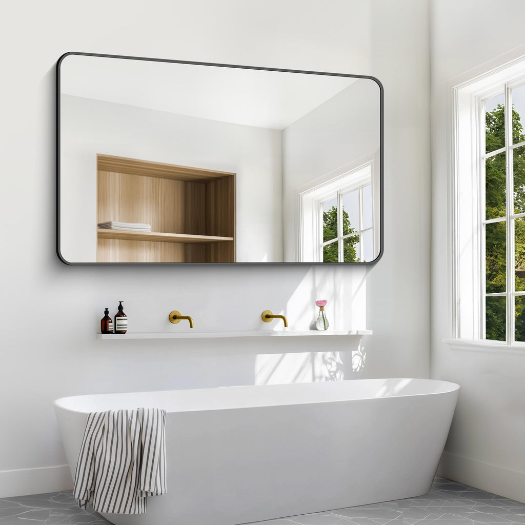 60x36 inch Large Bathroom Mirror,Black Rectangle Mirror,Wall Mounted Bathroom Frame Vanity Mirror with Round Corner