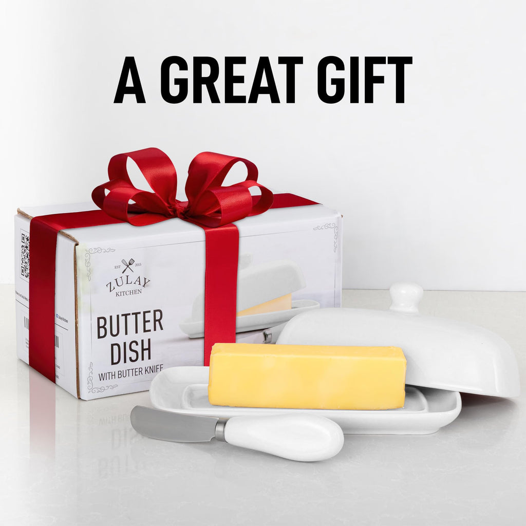 Ceramic Butter Dish with Lid For Countertop & Stainless Steel Knife - Keeps Butter Soft & Fresh - White Butter Dish
