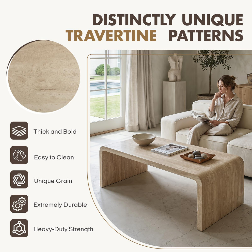 47" Travertine Look Coffee Table, Thick Waterfall Edge Wood
