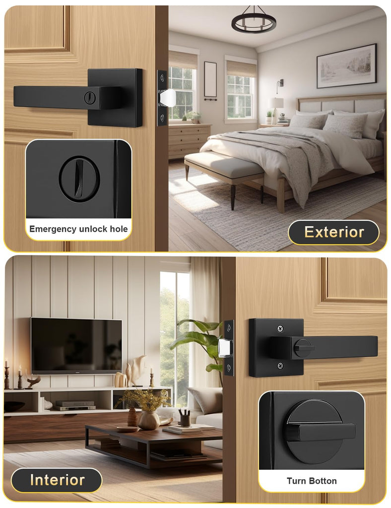 3 Pack Square Privacy Door Levers Locksets in Matte Black Finish, Bed/Bath Door Levers Keyless Interior