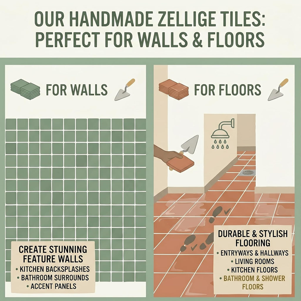 Authentic Moroccan Zellige Ceramic - 4x4 Inch - Handcrafted Glazed Clay Backsplash , Shower - Rustic & Imperfect