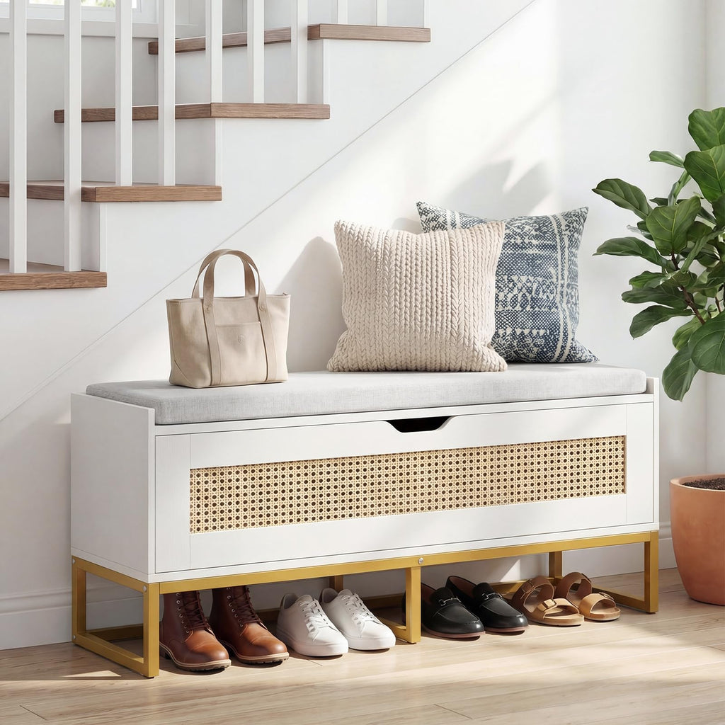 Rattan Shoe Bench, Flip-Top Entryway Bench with Removable Padded Seat & Hidden Storage, Wooden Shoe Storage Chest