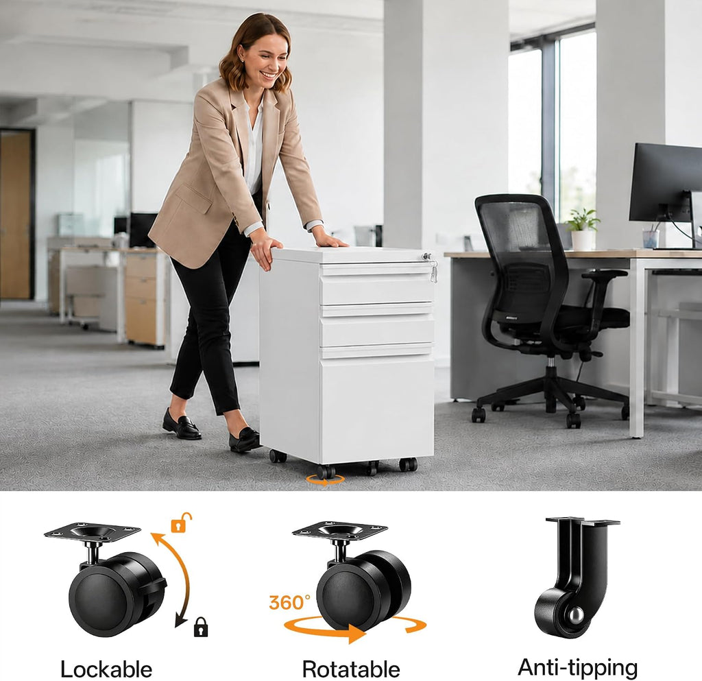 3 Drawer Mobile File Cabinet with Lock, Fully Assembled | Under Desk Metal Filing Cabinet Organization, Fits