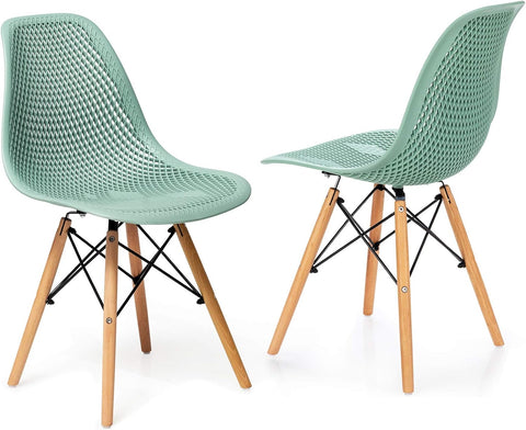 Set of 2 Modern Dining Chairs, Outdoor Indoor Shell PP Lounge Side Chairs with Mesh Design, Beech Wood Legs