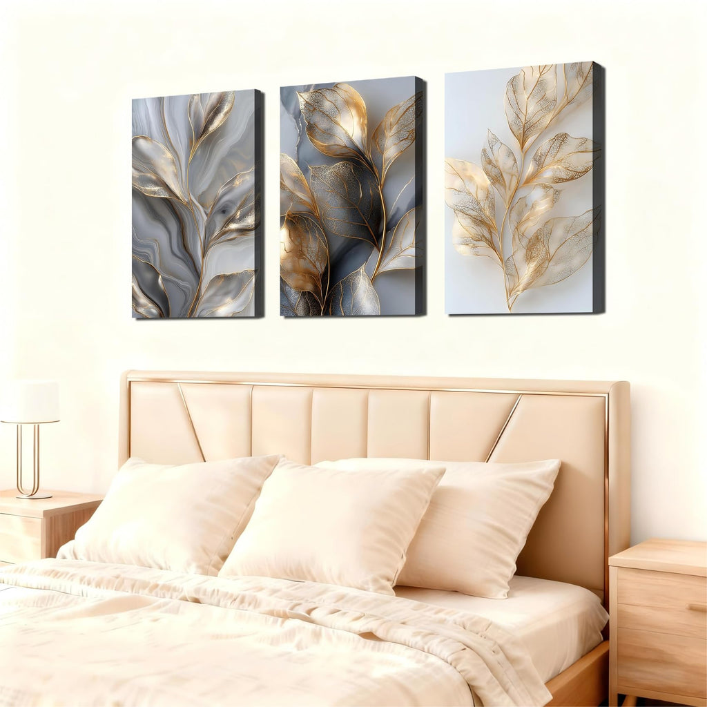 3 Pc Large Wall Art - Gold Leaf Marble Abstract Decor, Luxury Textured Prints, Oversize Elegant Wall Art, Framed
