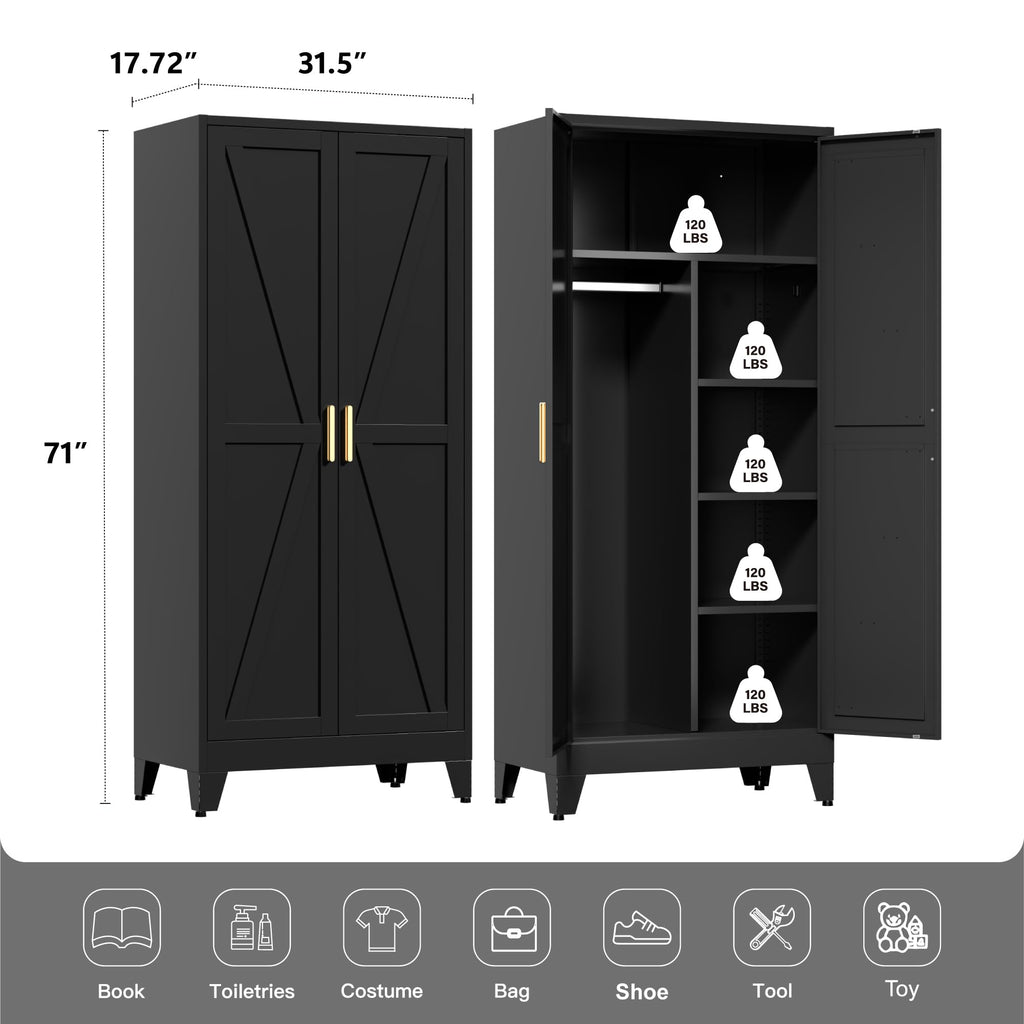 71" Tall Metal Wardrobe Closet with Adjustable Shelves and Hanging Rod, 2 Doors Office Storage Locker Cabinet