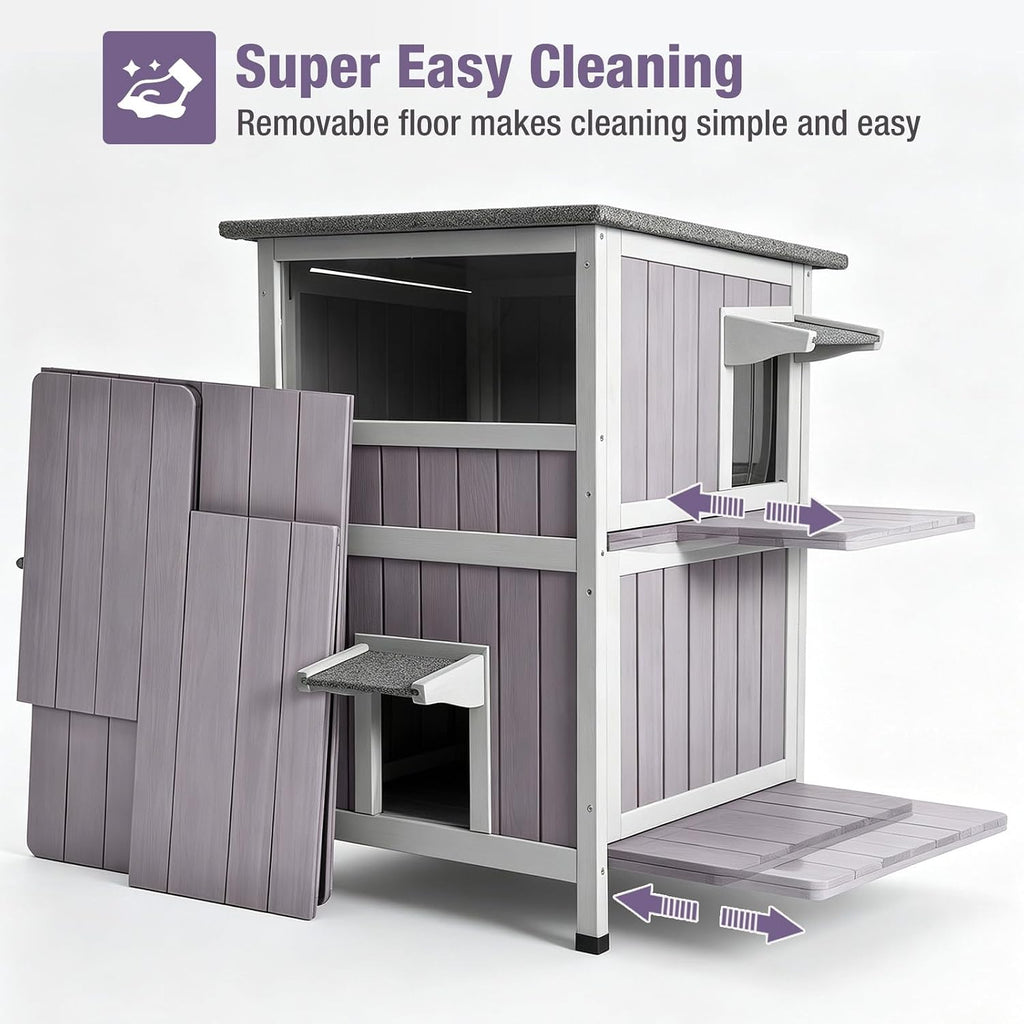 Outdoor Cat House Weatherproof for Winter, 9.78 ft2 2-Story Wooden Feral Cat Shelter with Waterproof Roof, Escape