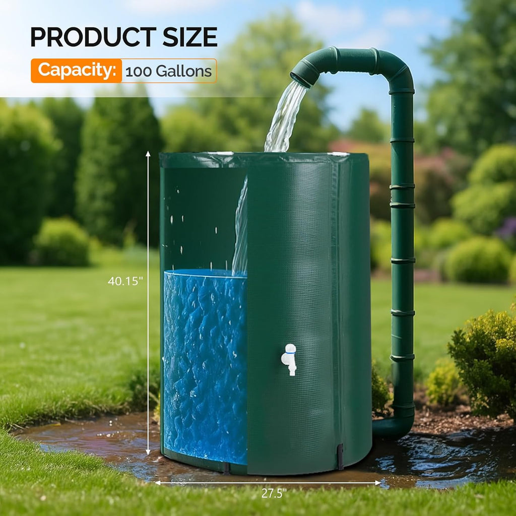 PVC 50 Gallon Collapsible Rain Barrel (Green, 100 Gallon) | Upgraded Foldable PVC Rain Water Collection Barrel, Water