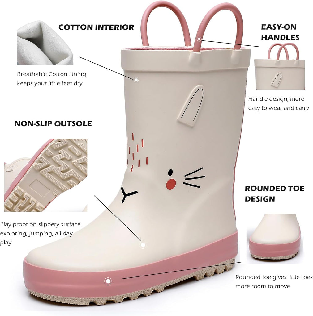Toddler and Kids Rain Boots with Easy-On Handles, Unisex-Child Waterproof Rubber Rain Boots in Fun Patterns for Girls