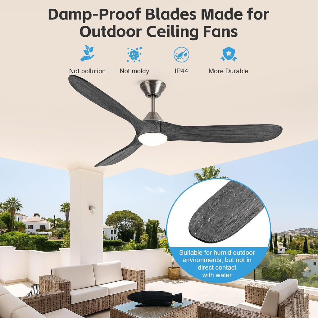 52 Inch Solid Wood 3 Blade Ceiling Fan with Light - Gray Propeller Fan, Dimmable LED, DC Motor, Remote, Indoor/Outdoor