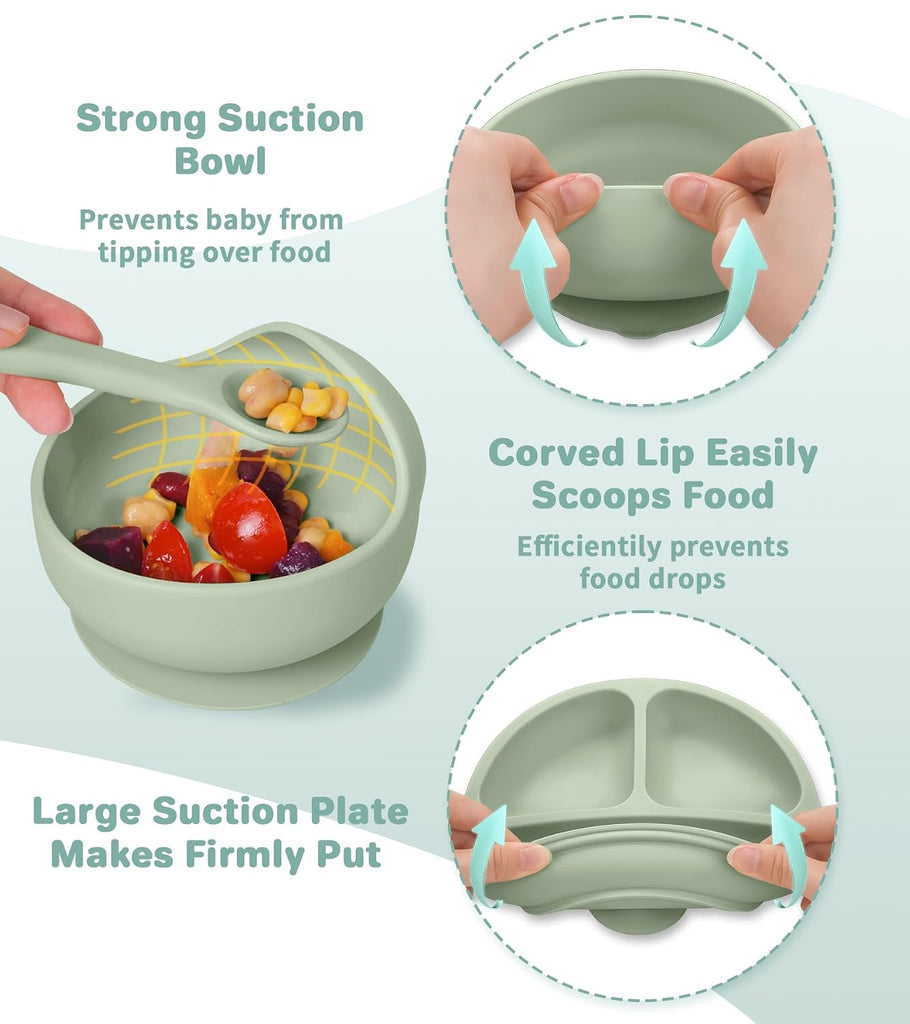 Feeding Set, BPA Free Baby Dishes Set with Suction Bowl Divided Plate, Adjustable Bib, Soft Spoons and Forks, Cup