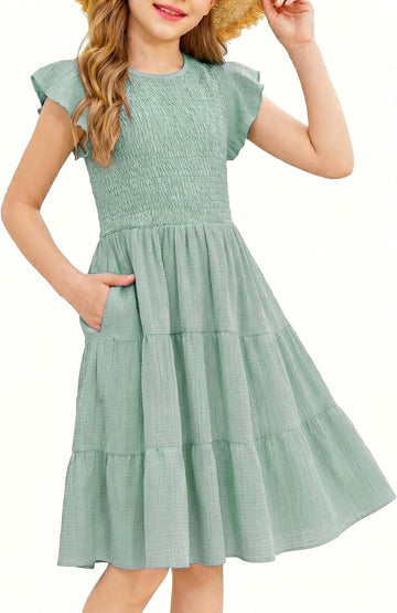 Girls Flutter Sleeve Smocked Tiered Midi Sundress with Pockets