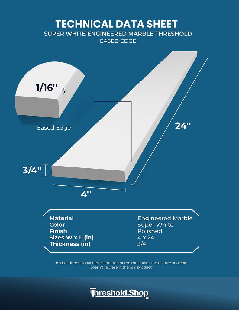 Super White Engineered Marble Threshold for Shower Curb, Bathroom Vanity Backsplash, Window Sill (4" x 24")