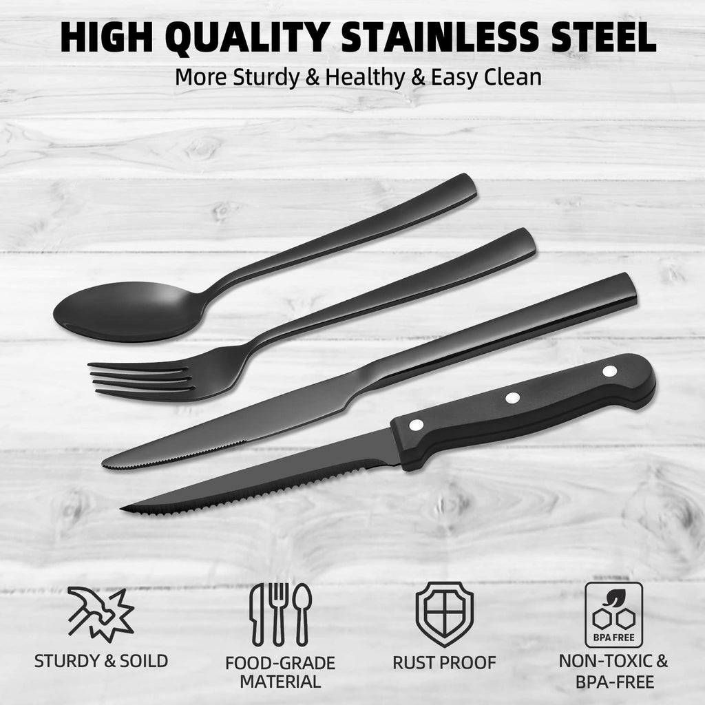 24 Piece Silverware Set for 4 With Steak Knives, Stainless Steel Black Flatware, Utensils, Tableware Cutlery , Hand