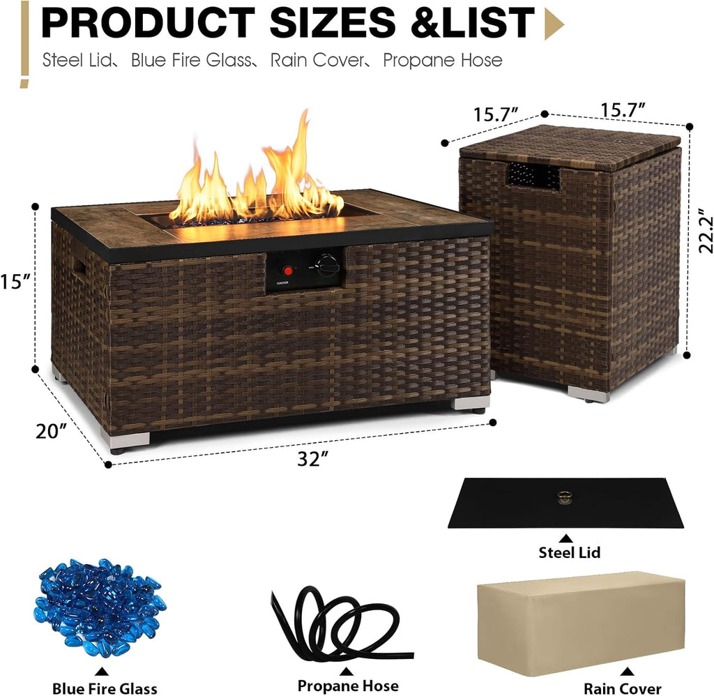 32'' Rattan Wicker Propane Fire Pit Table w/Tank Holder Rectangle | Handmade 2-Piece Wicker Fire Table for Outside