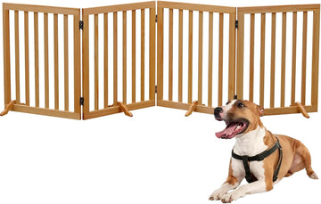 Wooden Foldable Dog Gate Freestanding 4 Panels Puppy Safety Fence-Brown