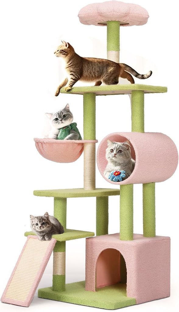 Tall Flower Cat Tree Tower with Detachable Perch, 65in Cute Cat Climbing Tower for Indoor Cats with Cat Condo