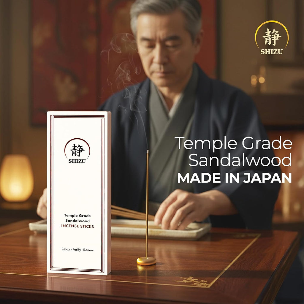 Sandalwood Incense Sticks - Artisanal Temple Grade Japanese Incense with Brass Holder - Subtle, Calming Scent - Set of 60
