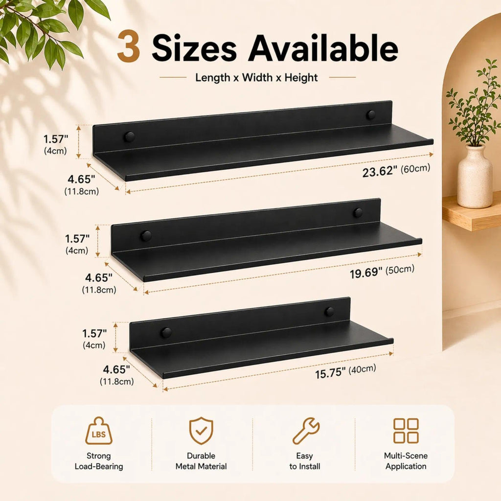 Bathroom Shelf, Small Floating Wall Shelves, Decorative Ledge Shelf, Aluminum, Wall Mounted, Matt Black, 24/20/16