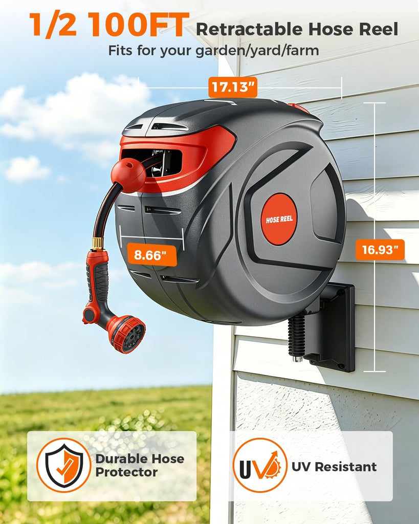 100 FT 1/2 Inch Retractable Garden Hose Reel Wall-Mounted 180° Swivel 9-Patern Nozzle Automatic Slow Return Any