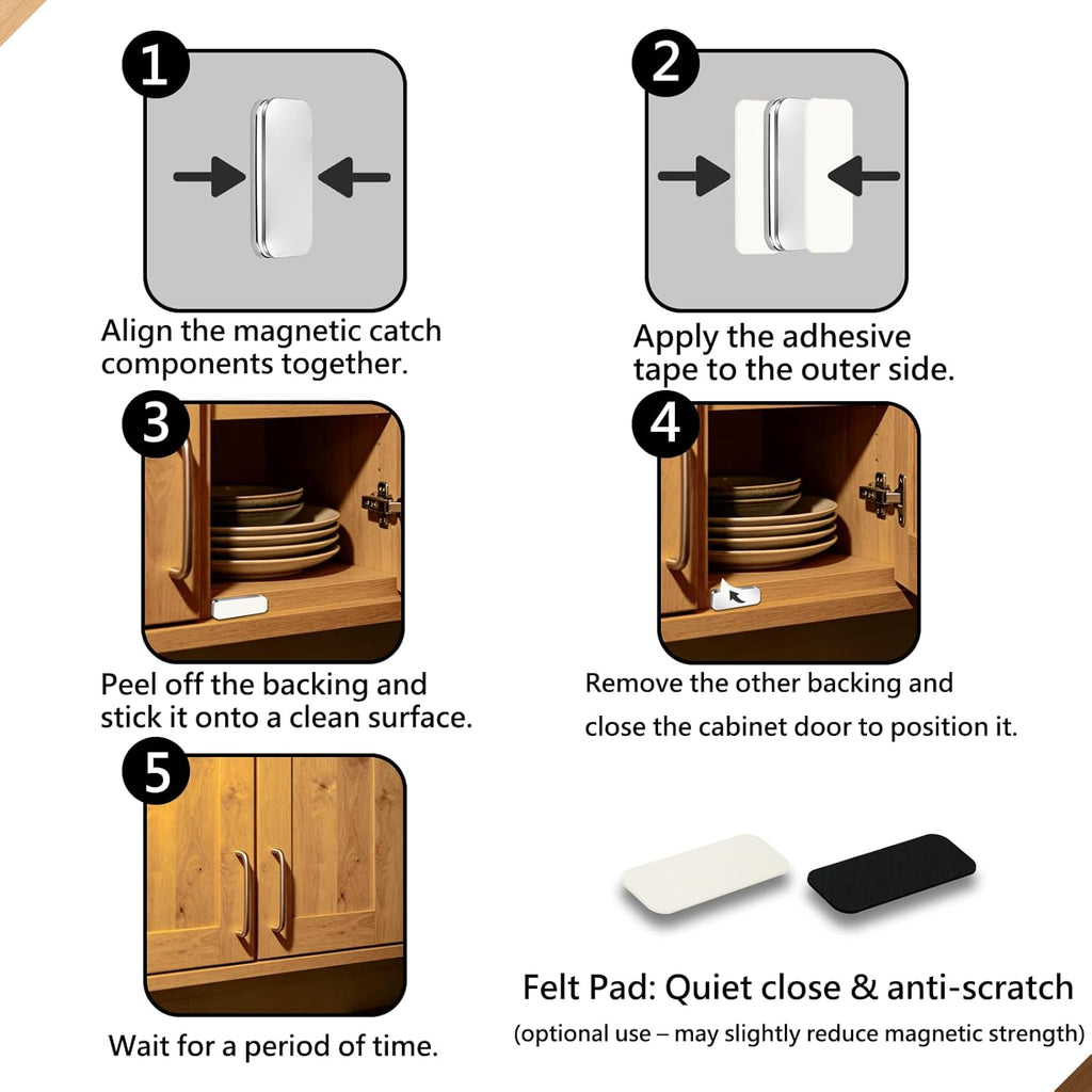 8 Pack Magnetic Cabinet Door Catch, No Drill Adhesive Magnets with Soft Felt Pad, Ultra Thin Quiet Close Anti-Scratch