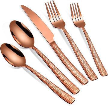 40-Piece Silverware Set, Rose Gold Hammered Stainless Steel Flatware Sets for 8, Food-Grade Tableware Set
