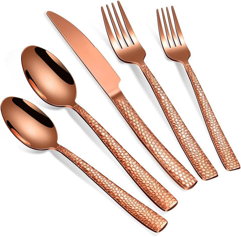 40-Piece Silverware Set, Rose Gold Hammered Stainless Steel Flatware Sets for 8, Food-Grade Tableware Set