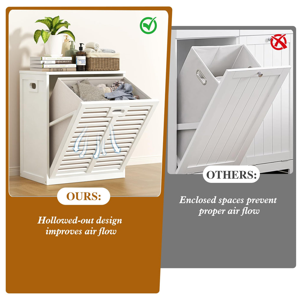 Tilt Out Laundry Hamper, Bamboo Laundry Cabinet with Hidden Removable Basket,Dirty Clothes Storage Organizer , White