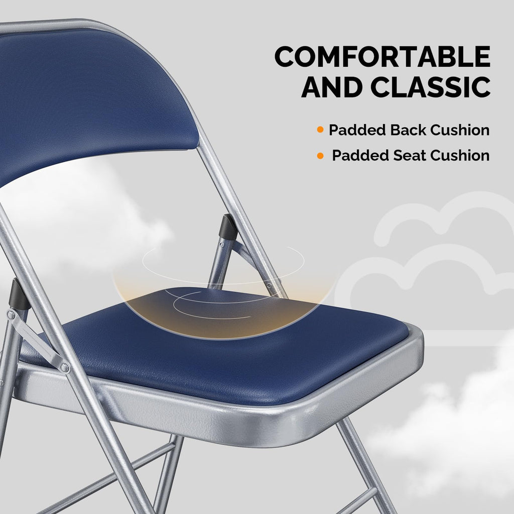 2 Pack Folding Chairs with Padded Seats, Metal Frame with Pu Leather Seat & Back, Capacity 350 lbs, Set of 2, Blue