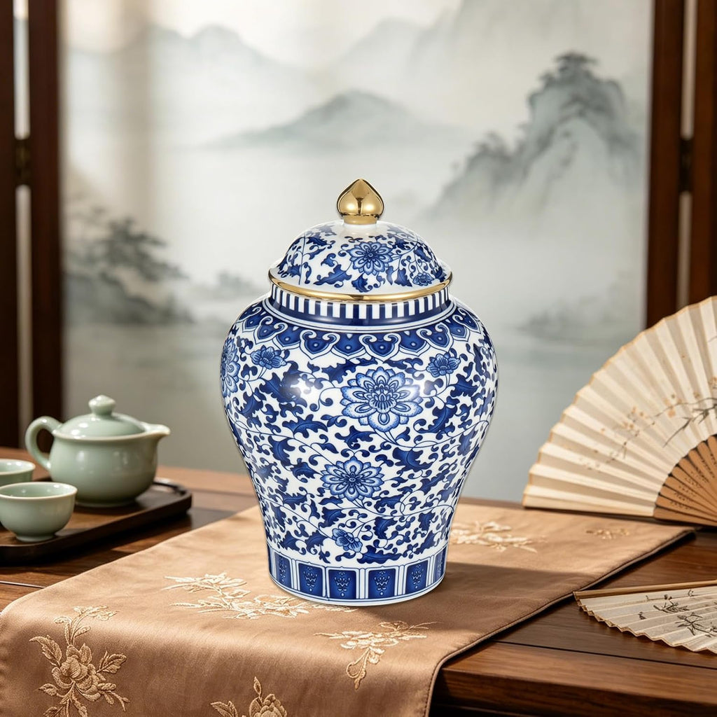 Blue and White Ginger Jar with Gilt Edges, Ceramic Ginger Jar with Lid, Exquisite Floral Patterns Chinoiserie Tea