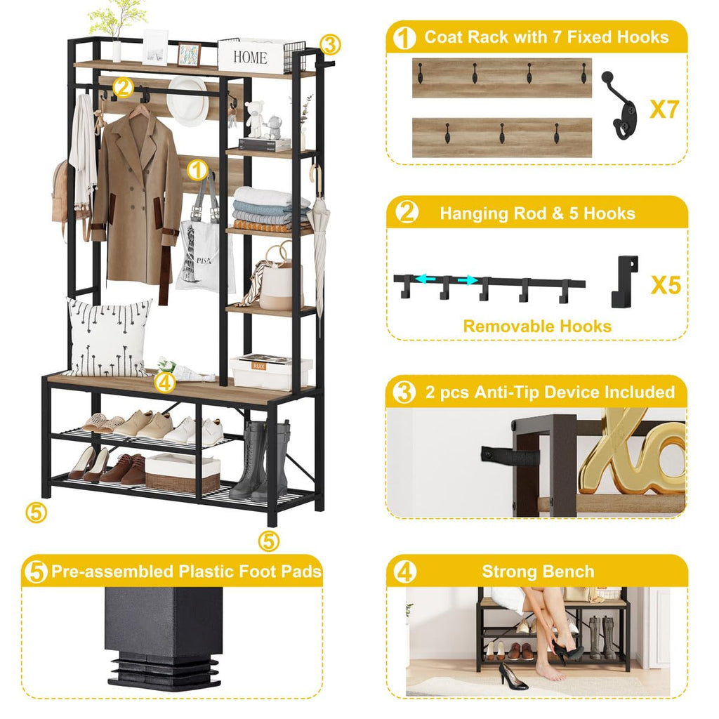 Farmhouse Hall Tree, Mudroom Bench with Shoe Storage, Large Coat Rack Shoe Bench with 5 Tier Open Shelves