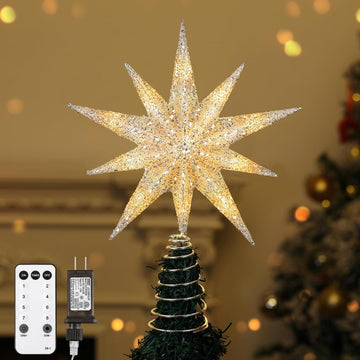 Christmas Tree Topper Star, 13inch 10-Point Light Up Xmas Star Treetop with Plug and Remote Control Christmas