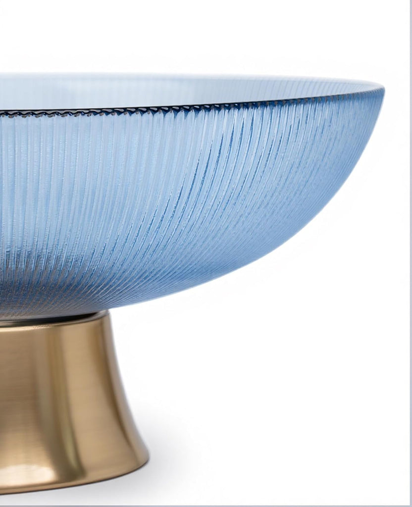 Round Glass Decorative Bowl (Blue), 9.8 Inches Handblown Striped Design Glass Bowl with Rust Resistant Metal
