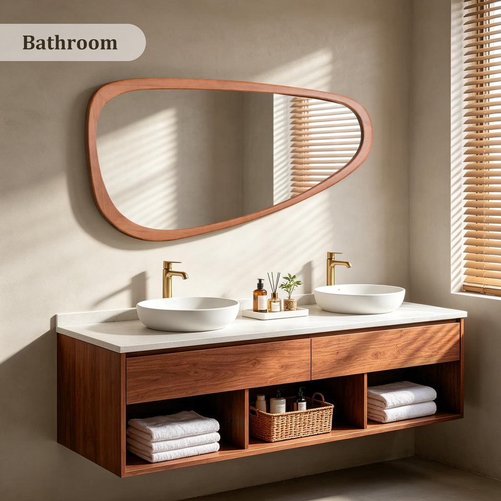 48" H x 22" W Asymmetrical Mirror, Irregular Wooden Wall Mirror Full Length - Boho Mid-Century Modern Decorative
