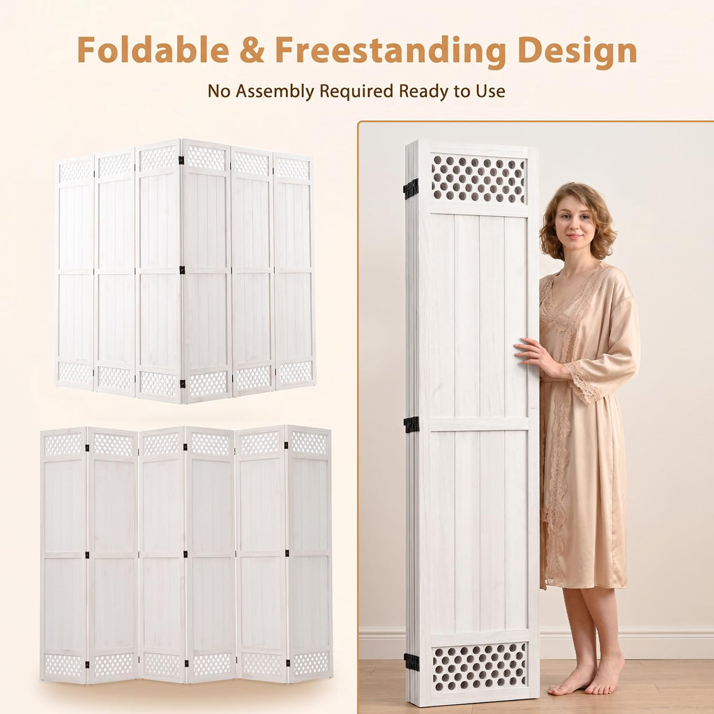 Wood Room Divider Privacy Screen, White Carved Room Divider 6 Panel 67"