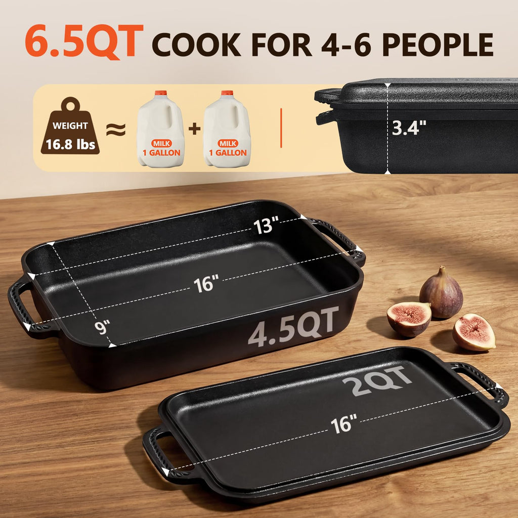 Cast Iron Casserole Dish with Lid 9x13", 2-In-1 Cast Iron Baking Pan
