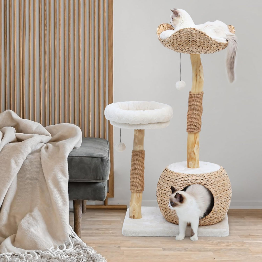 Modern Cat Tree Tower for Indoor Cats, Real Branch Luxury Cat Condo with Scratching Post, Jumping Platforms, Hanging