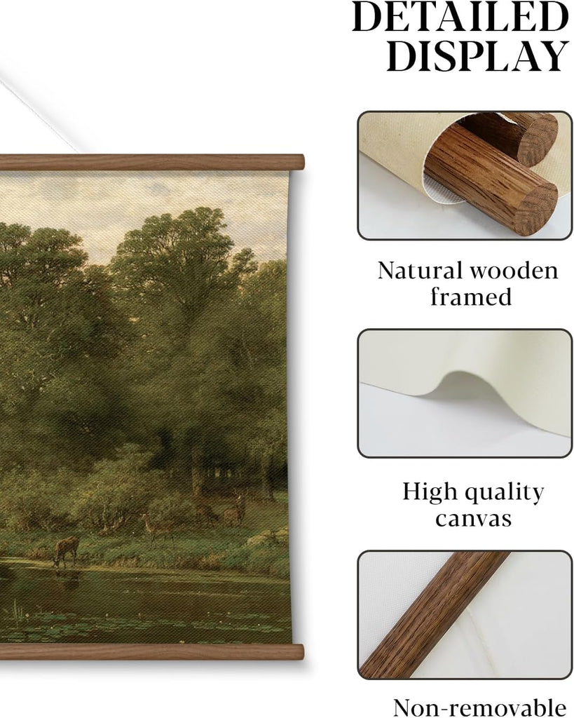 Large Landscape Canvas Wall Art , Vintage Forest Lake Painting Hanging Scroll, Rustic Nature Wall Decor with